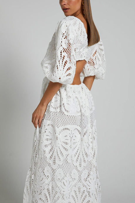 Arolora V-neck Lace Embroidery Hollow Waist Dress