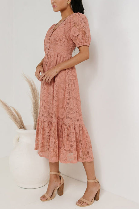 Arolora Lace Single-breasted Midi Dress