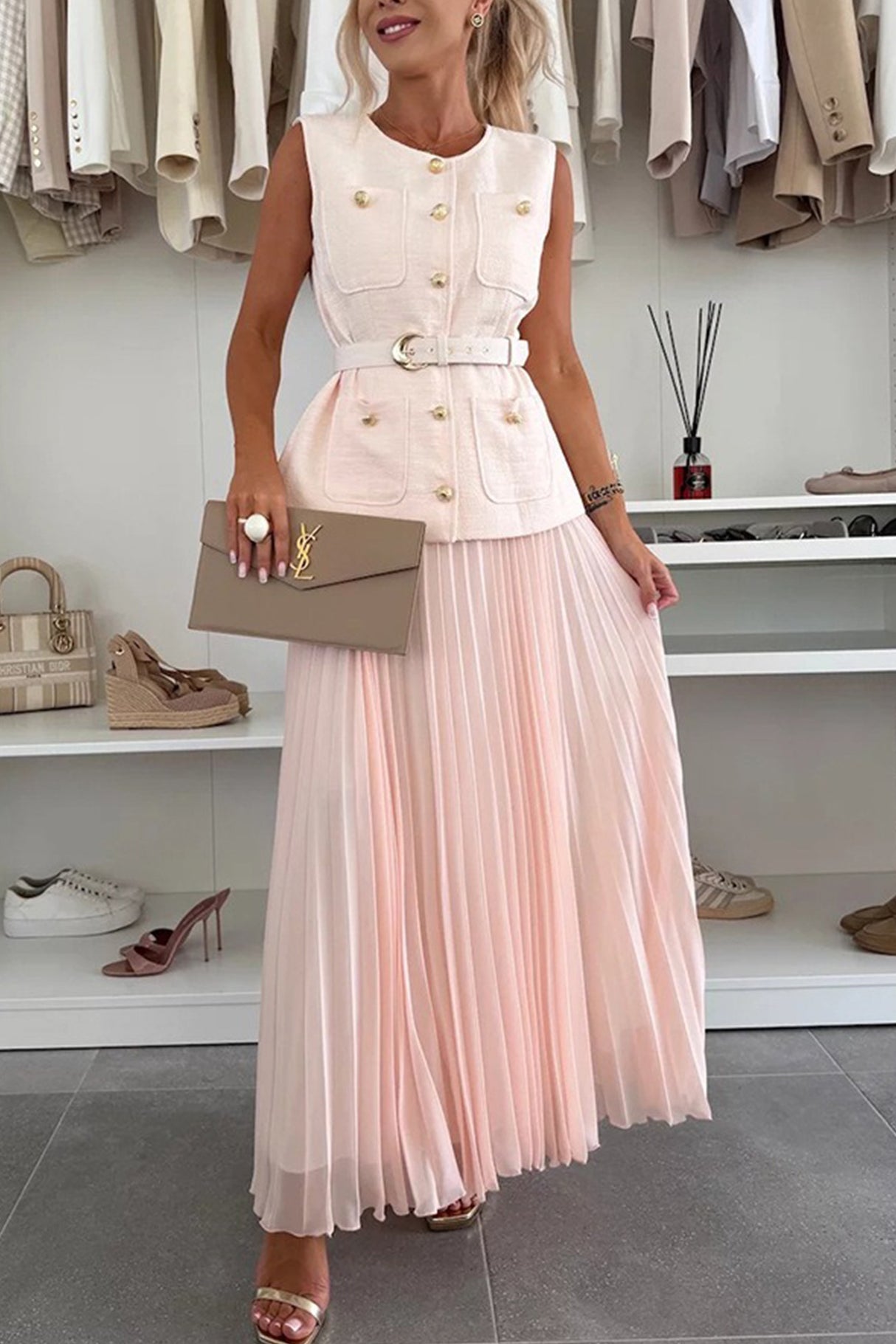 Arolora Button-down Tank Top Mesh Pleated Skirt Set