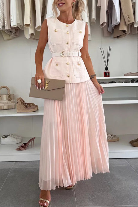 Arolora Button-down Tank Top Mesh Pleated Skirt Set