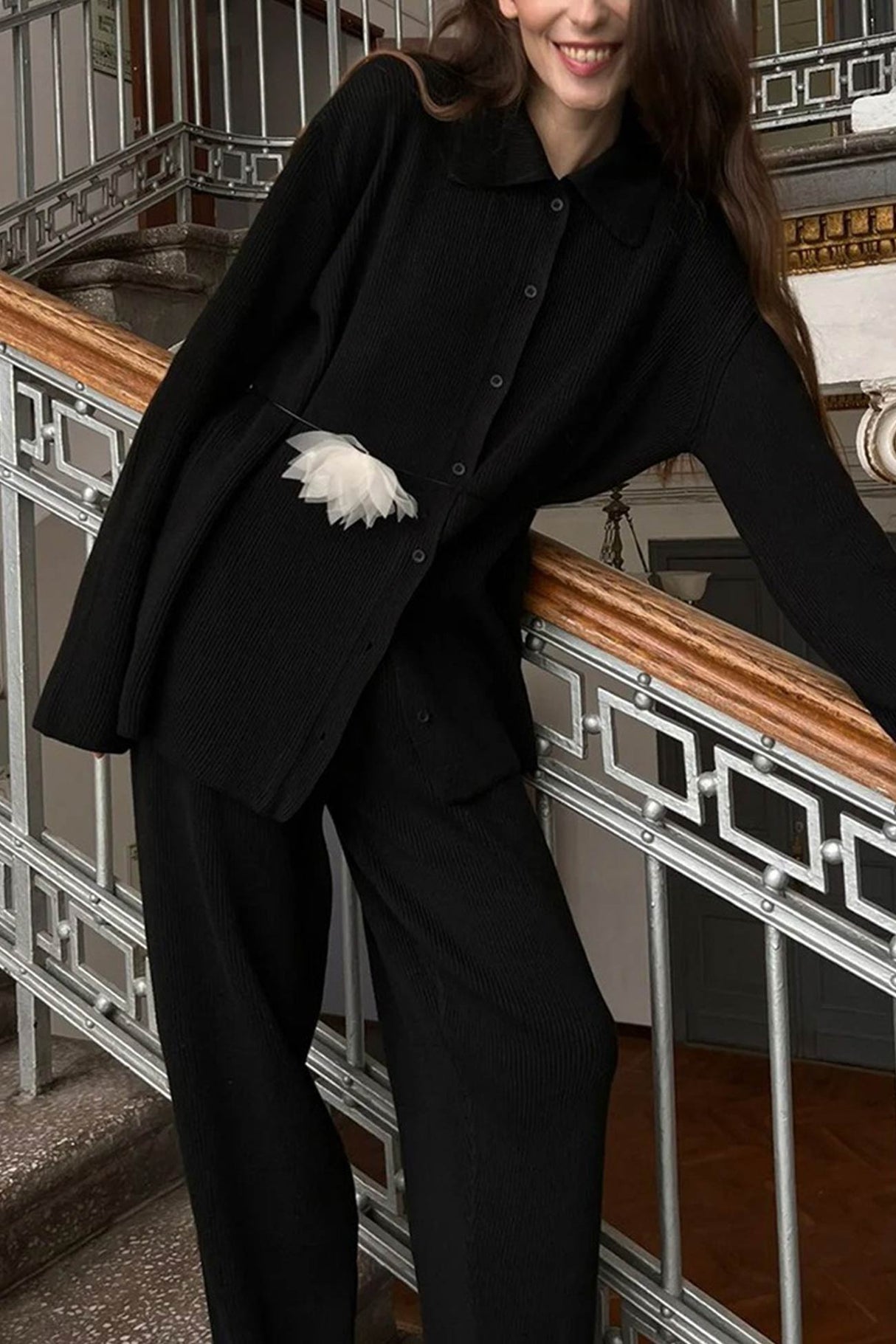 Lapel Button-down Ribbed Knit Two-piece Set