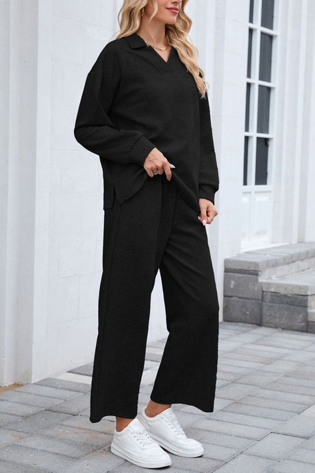 Lapel Long Sleeve Textured Sweashirt Set