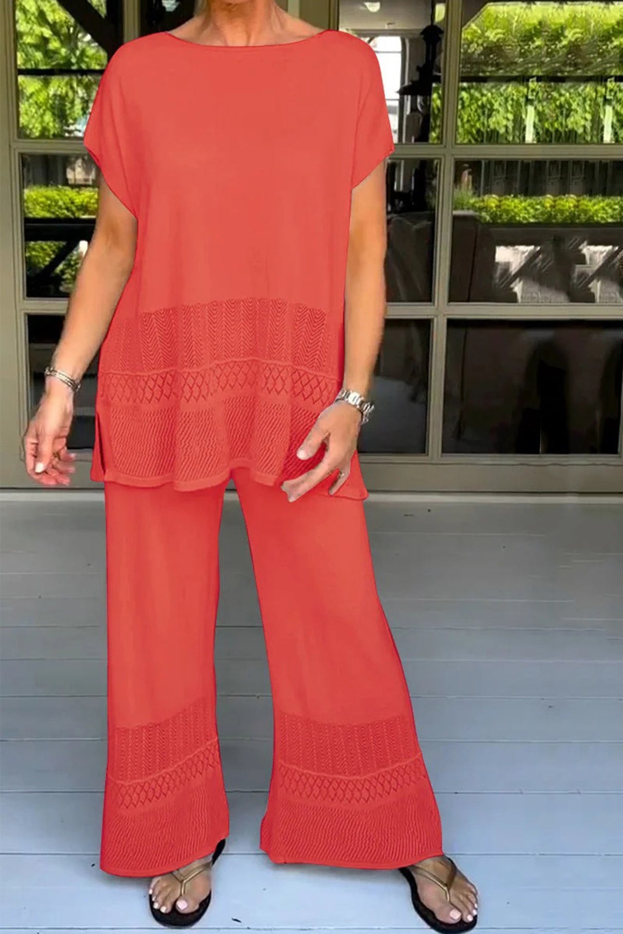 Solid Color Hollow Out Knit Two-piece Outfit