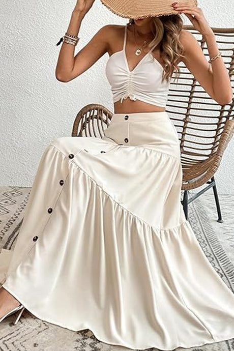 Single-breasted Solid Color Tiered Maxi Skirt