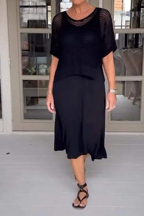 Hollow Out Knit Cover-up Tank Dress Two-piece Set