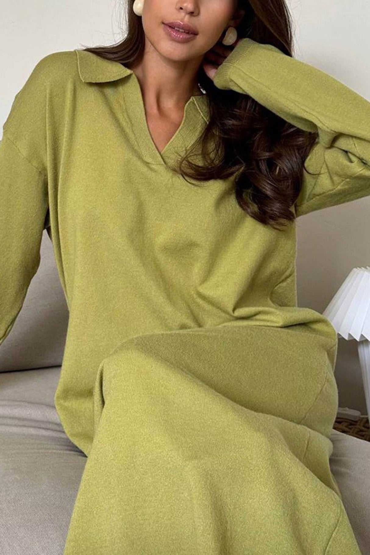 Lapel Long Sleeve Loose Knit Dress