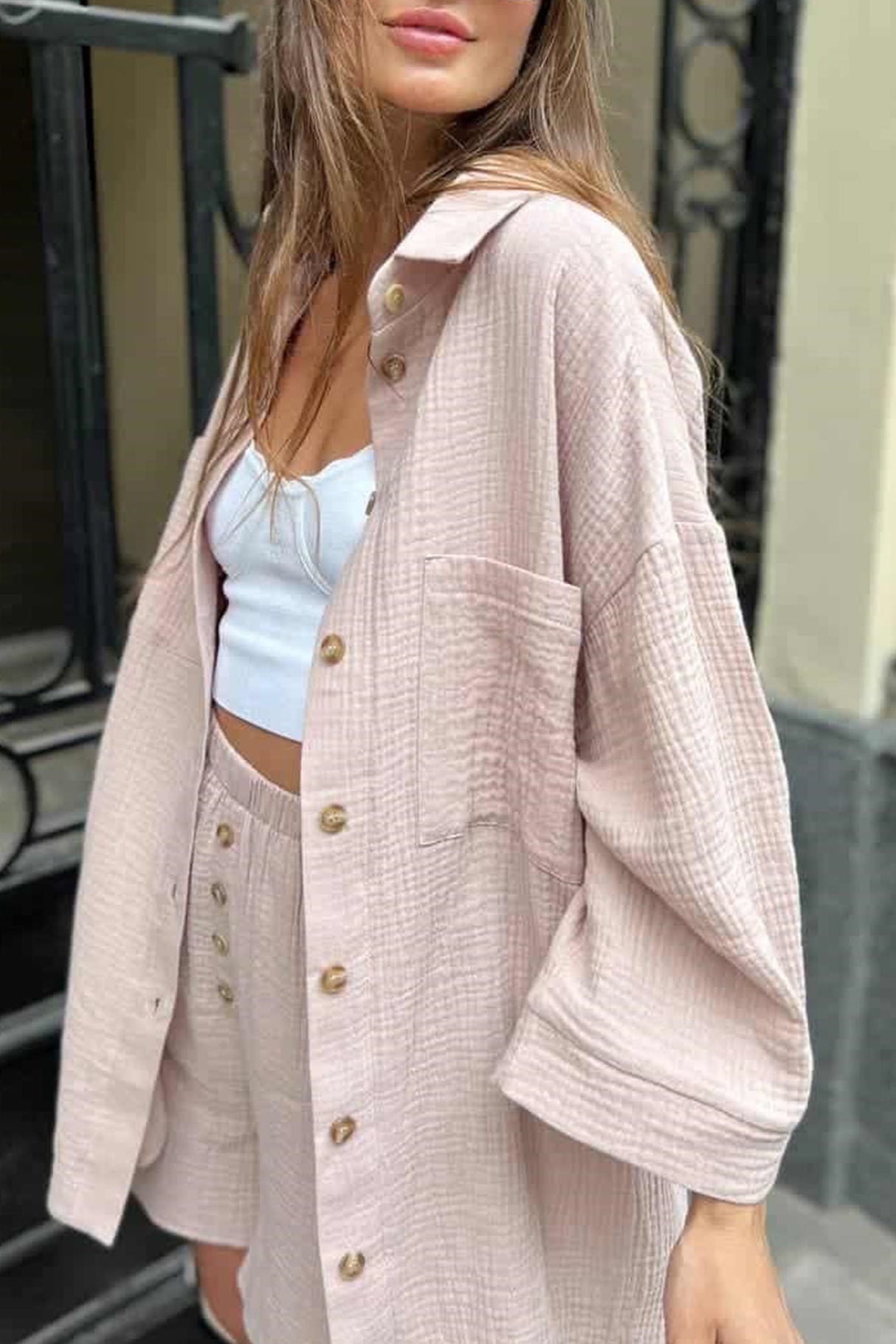 Single-breasted Three-quarter Sleeve Shirt Set