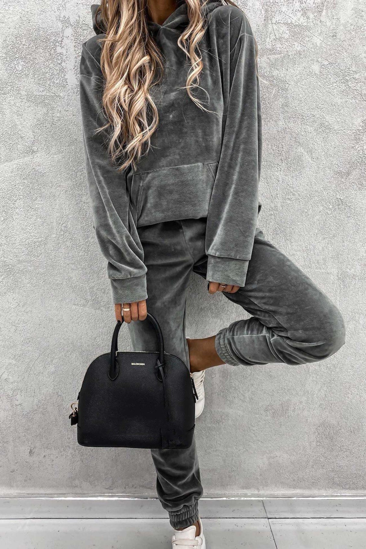 Velour Solid Color Hoodie Long Pants Set