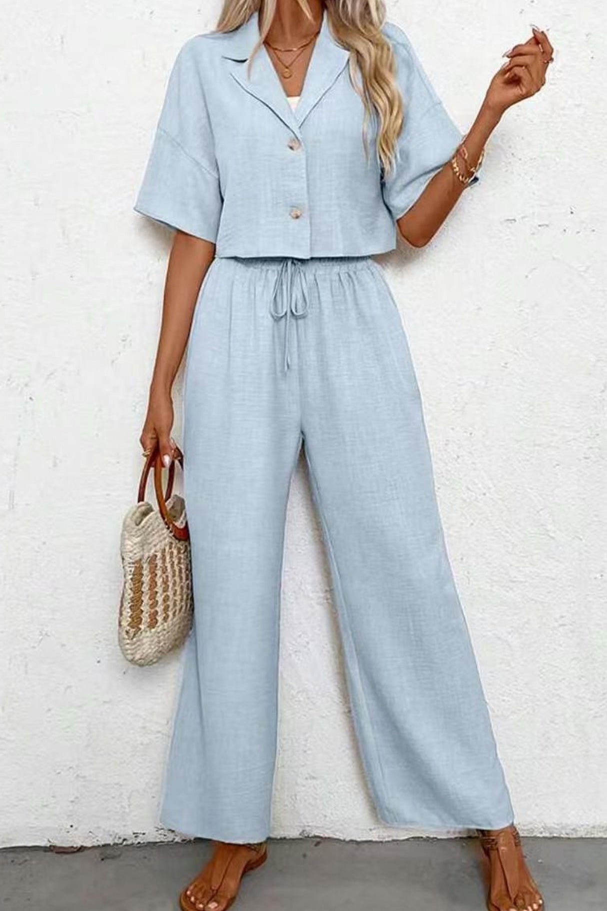 Button-down Crop Shirt Long Pants Set
