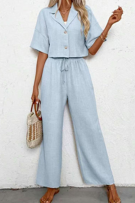 Button-down Crop Shirt Long Pants Set