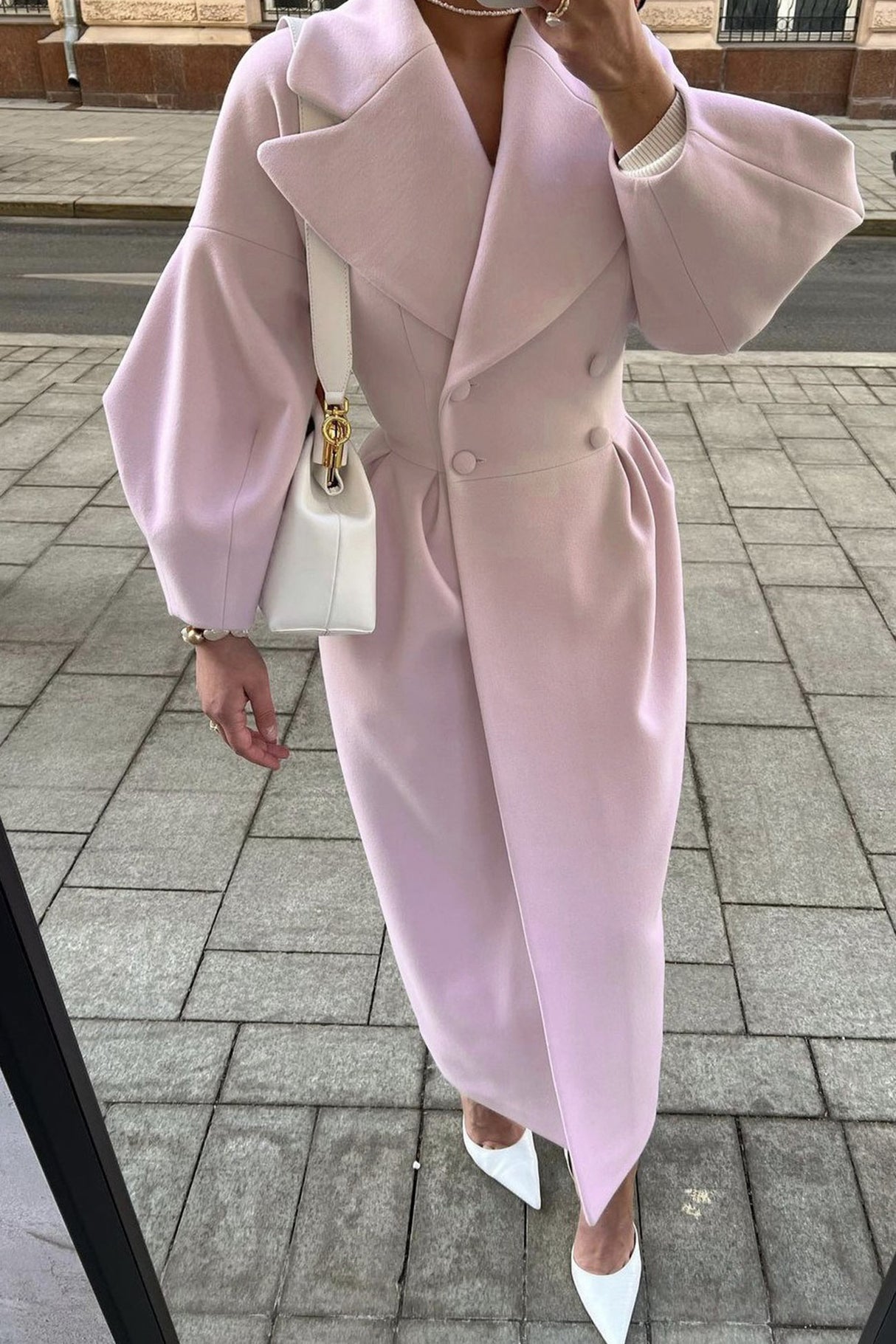 Lapel Lantern Sleeve Button-down Long Coat