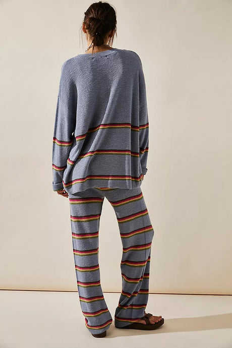 Contrast Striped Long Sleeve Sweater Two Piece Outfits