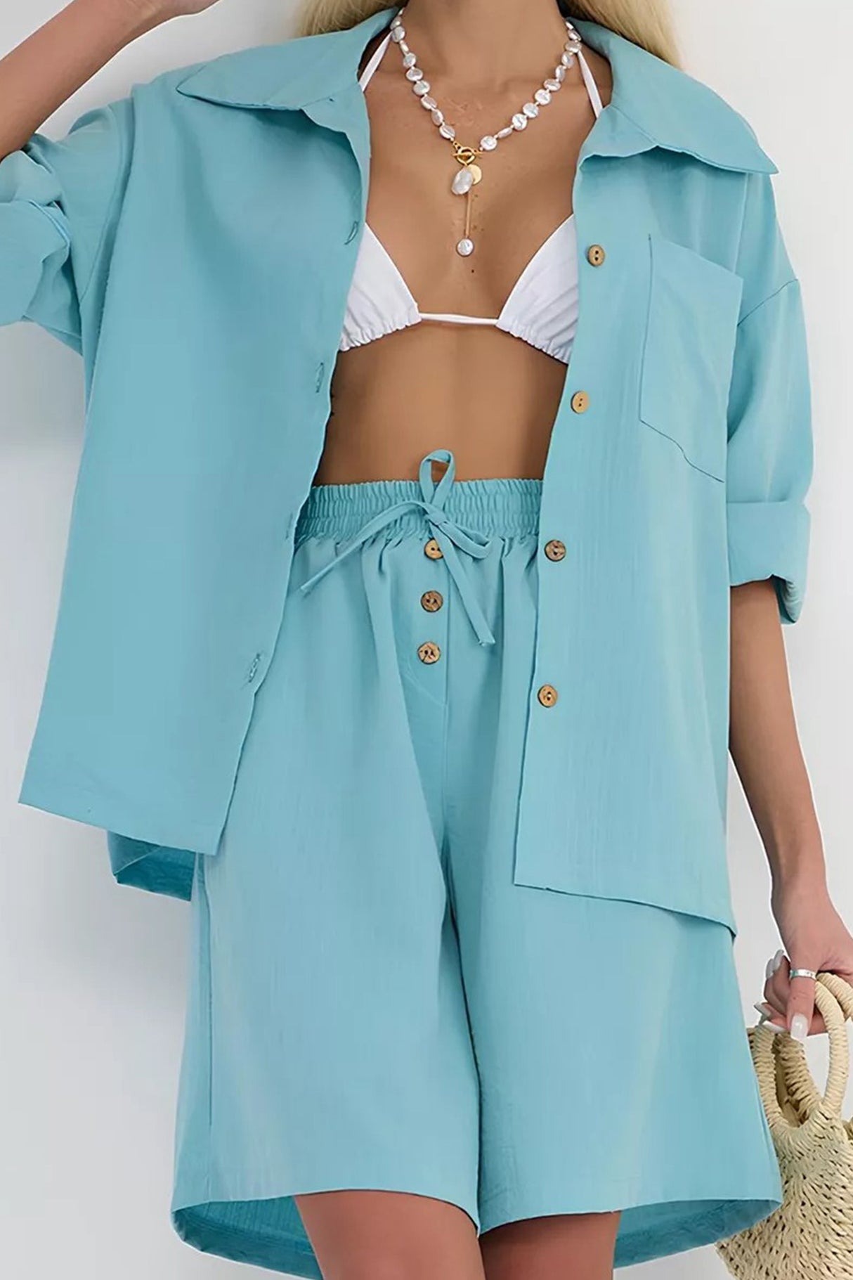 Solid Color Shirt Single-breasted Bermuda Shorts Set