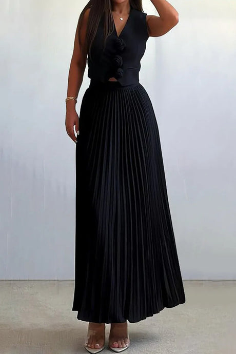 3D Floral Vest Pleated Maxi Skirt Set