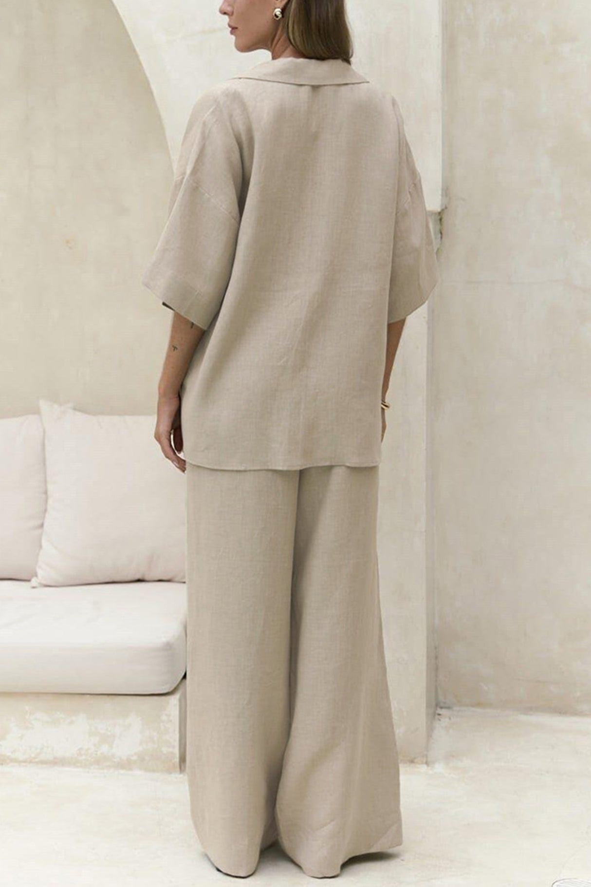 Arolora Solid Color Cotton Half Sleeve Blouse Pants Set