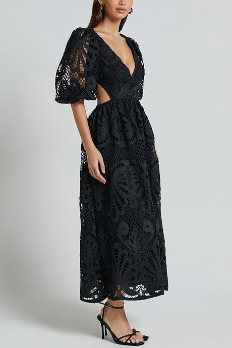 Arolora V-neck Lace Embroidery Hollow Waist Dress