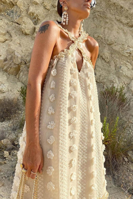 Arolora 3D Floral Criss-cross Halterneck Maxi Dress
