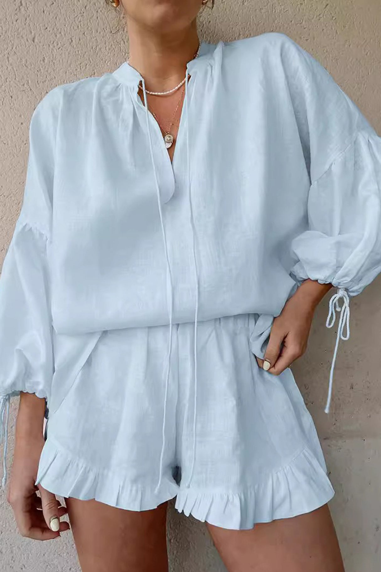 Arolora V-neck Lantern Sleeve Cotton Shirt Set