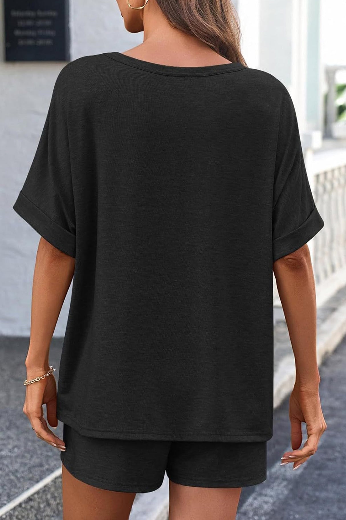 Arolora Solid Color Bat Sleeve T-shirt Shorts Set