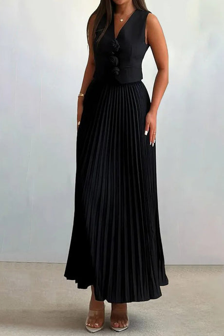 3D Floral Vest Pleated Maxi Skirt Set