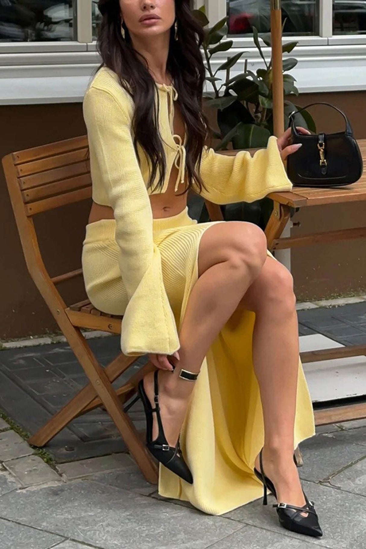 Tie-up Flare Sleeve Cardigan Knitted Skirt Set