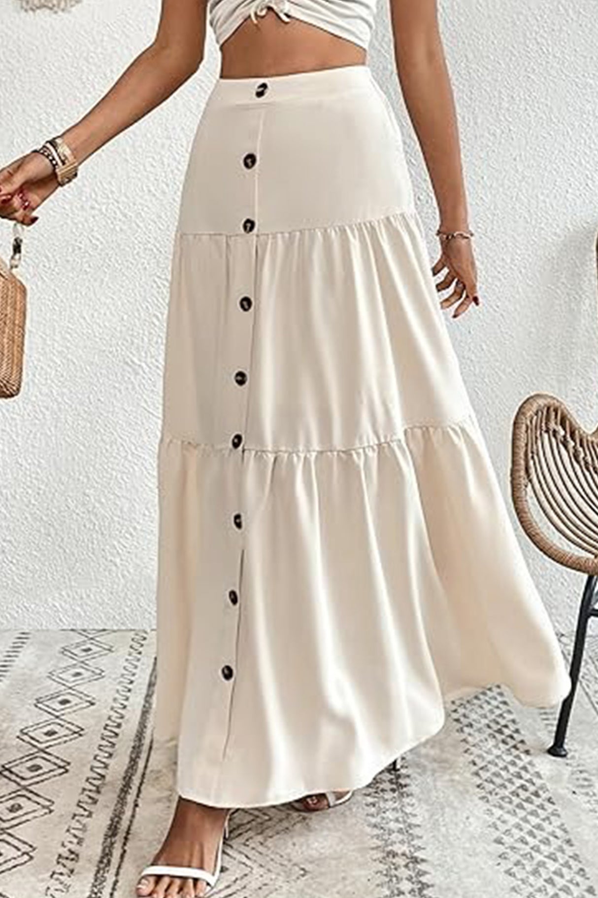 Single-breasted Solid Color Tiered Maxi Skirt