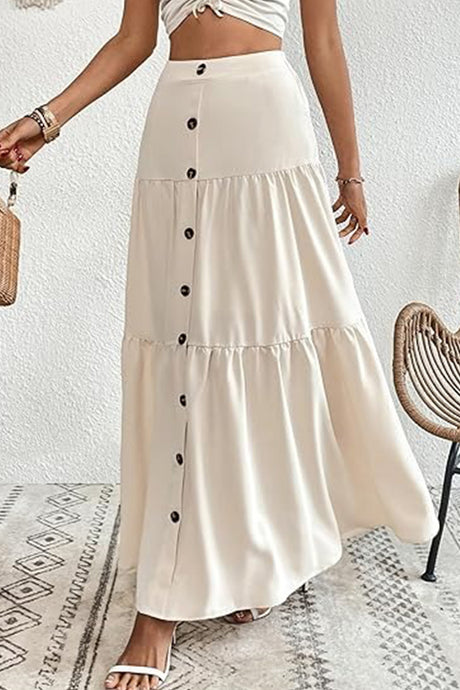 Single-breasted Solid Color Tiered Maxi Skirt