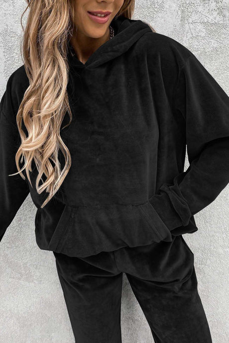 Velour Solid Color Hoodie Long Pants Set