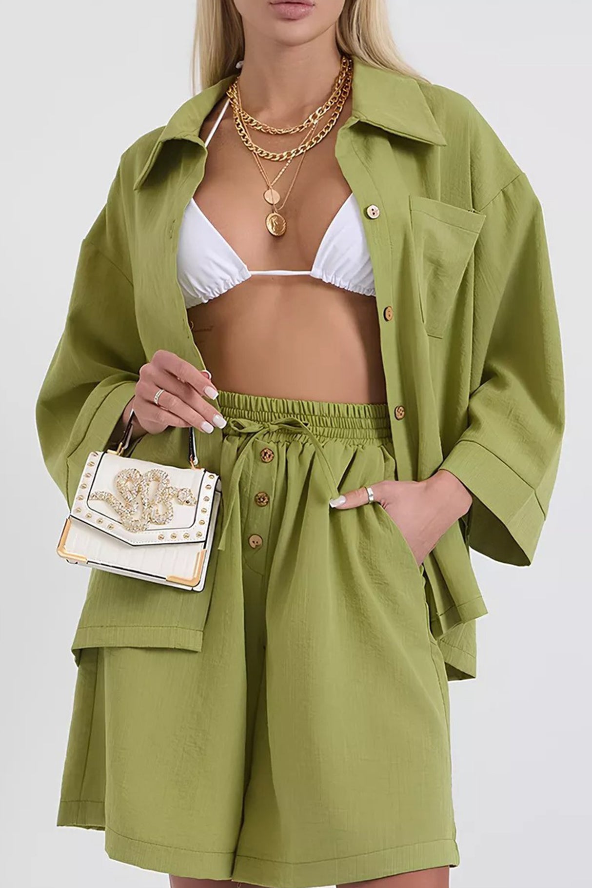 Solid Color Shirt Single-breasted Bermuda Shorts Set