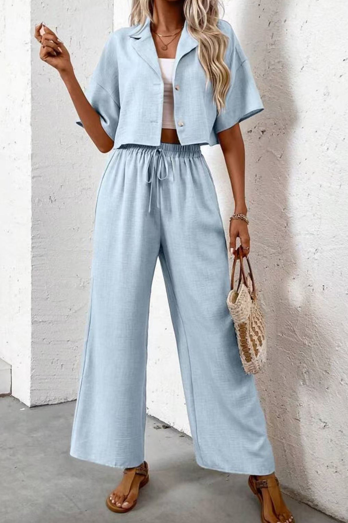 Button-down Crop Shirt Long Pants Set