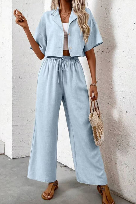 Button-down Crop Shirt Long Pants Set