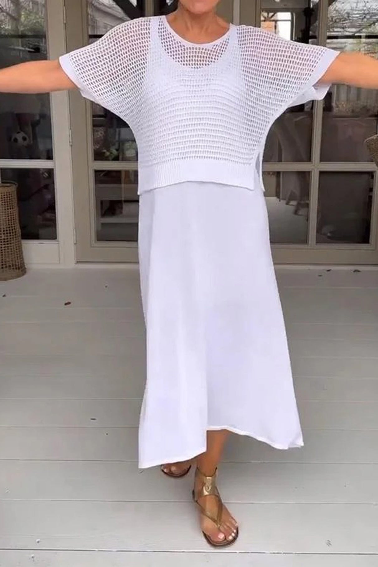 Hollow Out Knit Cover-up Tank Dress Two-piece Set