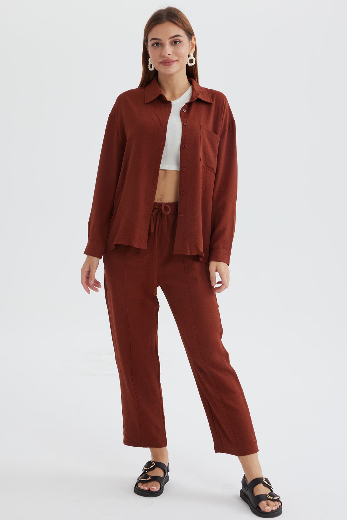 Long Sleeve Solid Color Shirt Long Pants Set