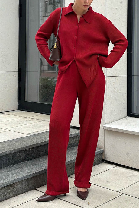Lapel Button-down Ribbed Knit Two-piece Set
