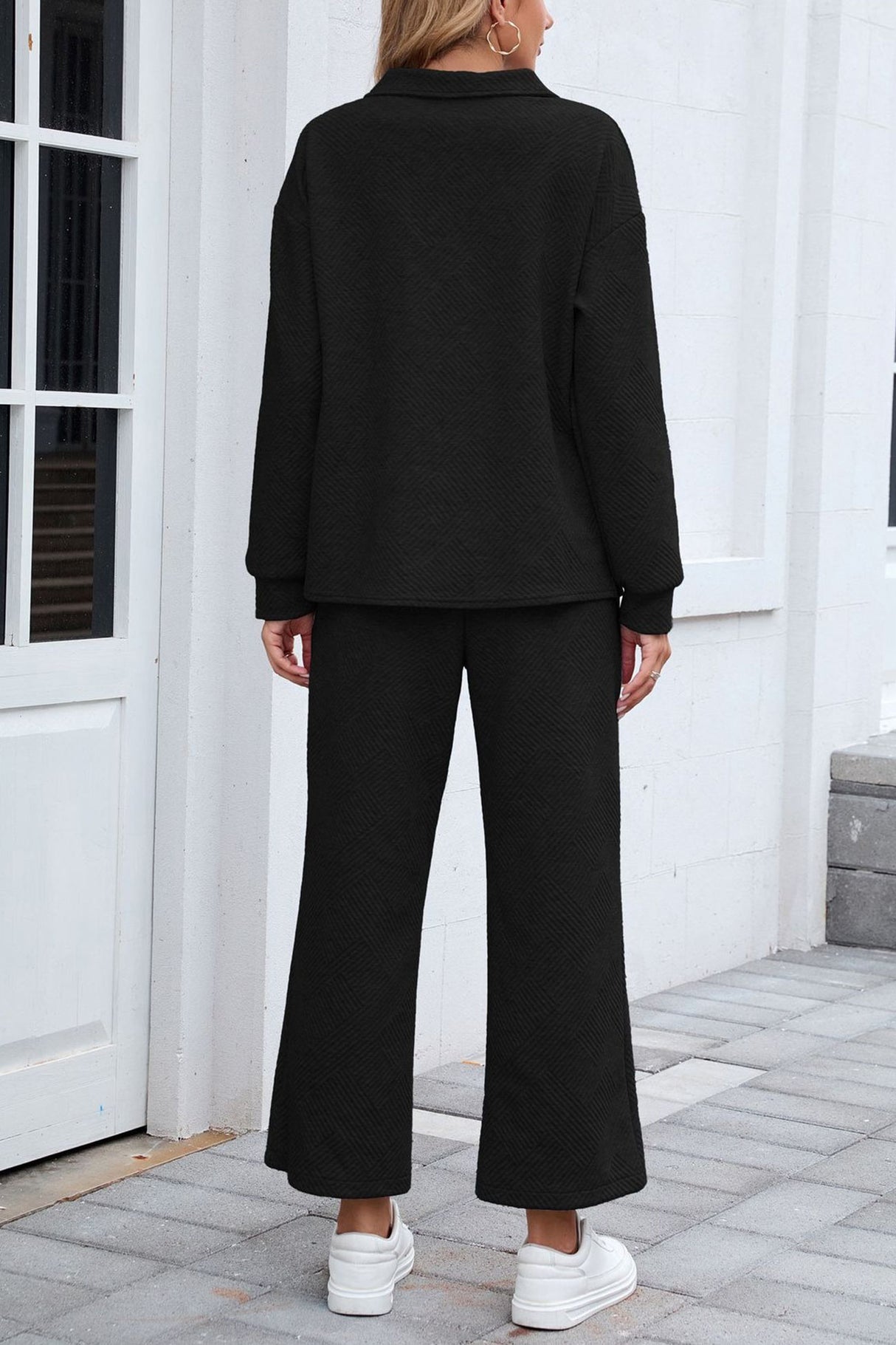 Lapel Long Sleeve Textured Sweashirt Set