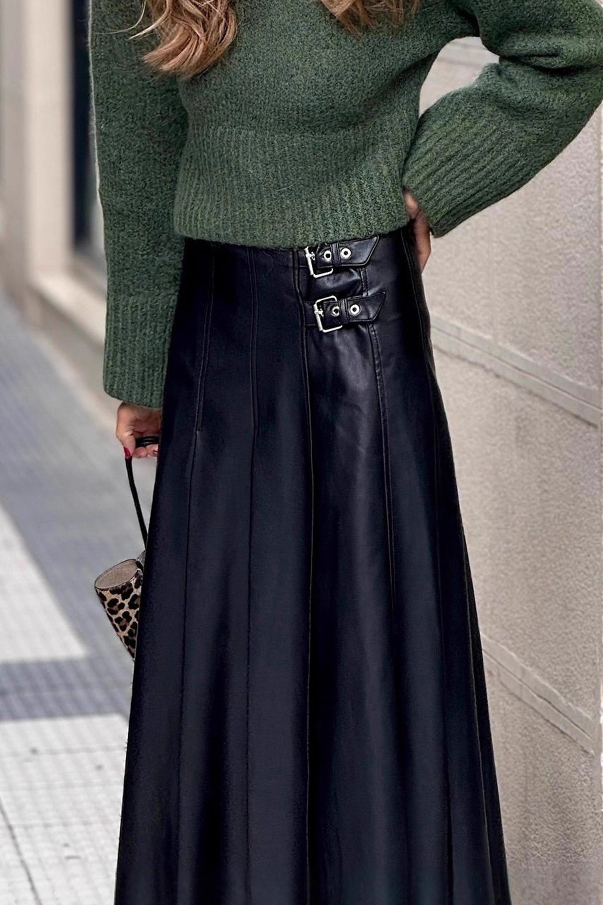 A-Line Double Buckel PU Leather Midi Skirt