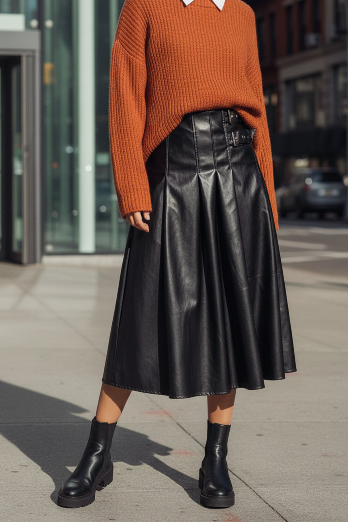 A-Line Double Buckel PU Leather Midi Skirt