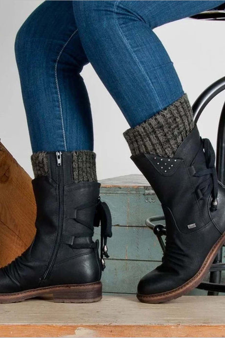 Mid-Calf Knitted Patchwork Lace Up Boots