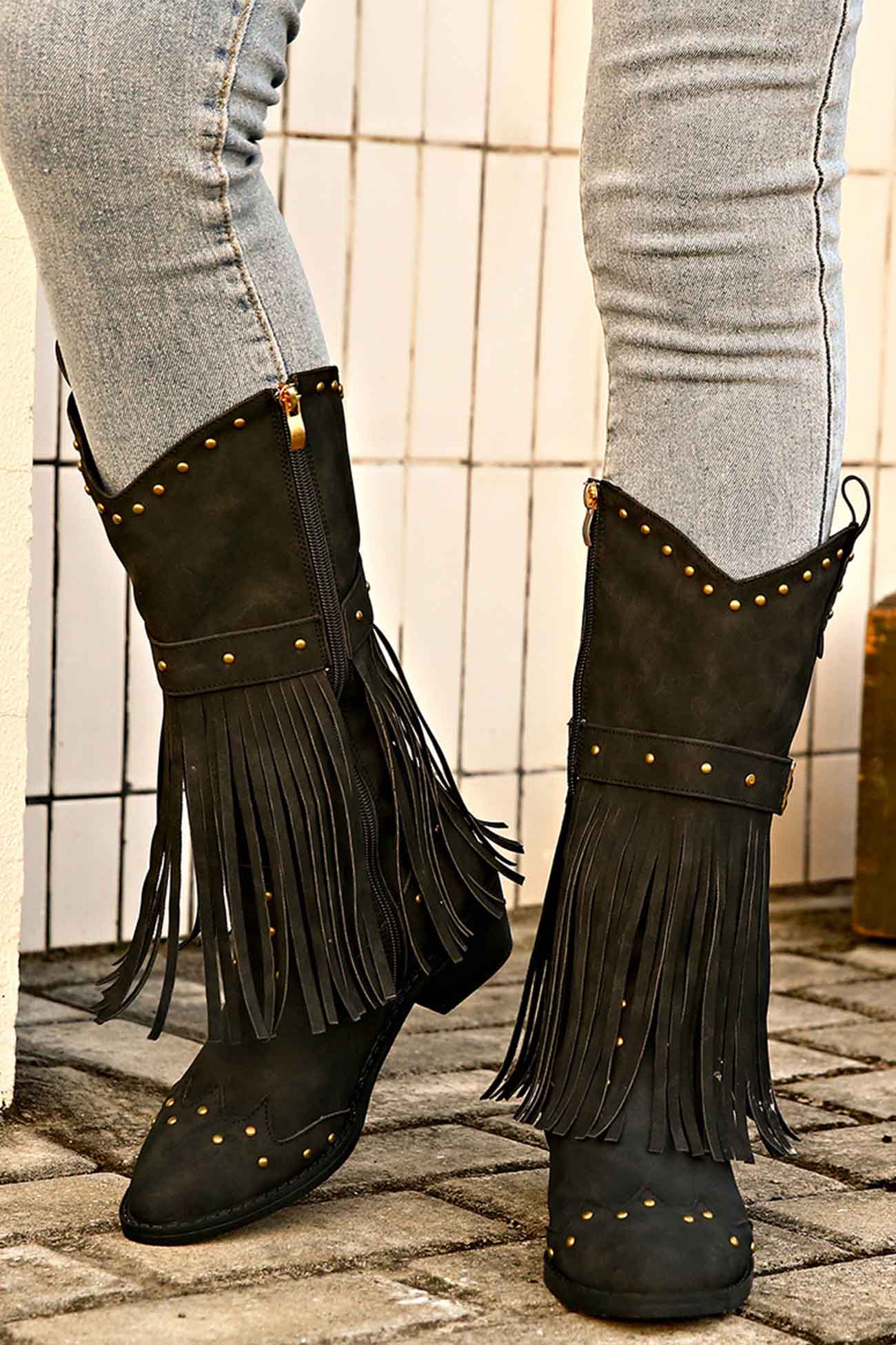 Pointed Toe Studded Fringed Mid-Calf Boots