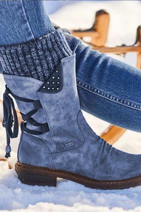 Mid-Calf Knitted Patchwork Lace Up Boots