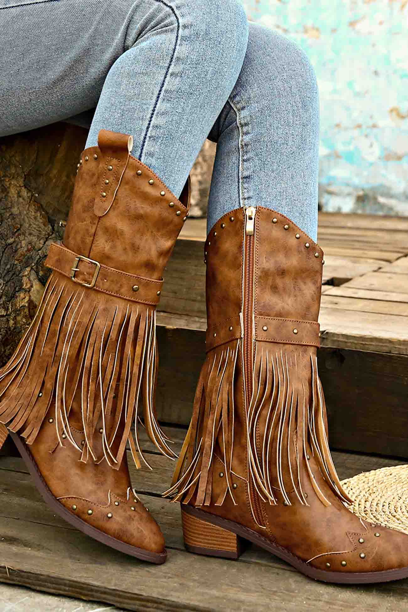 Pointed Toe Studded Fringed Mid-Calf Boots