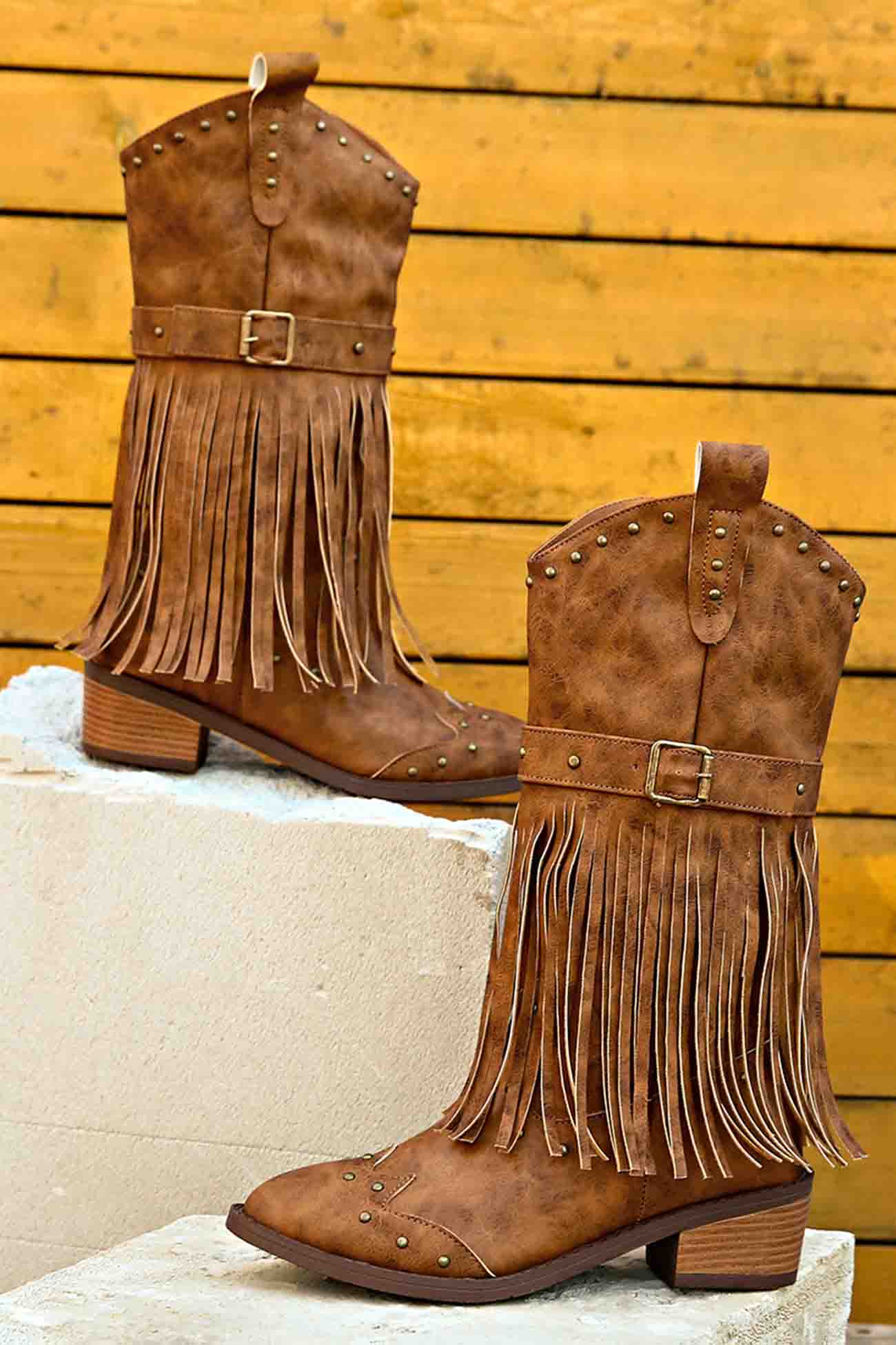 Pointed Toe Studded Fringed Mid-Calf Boots