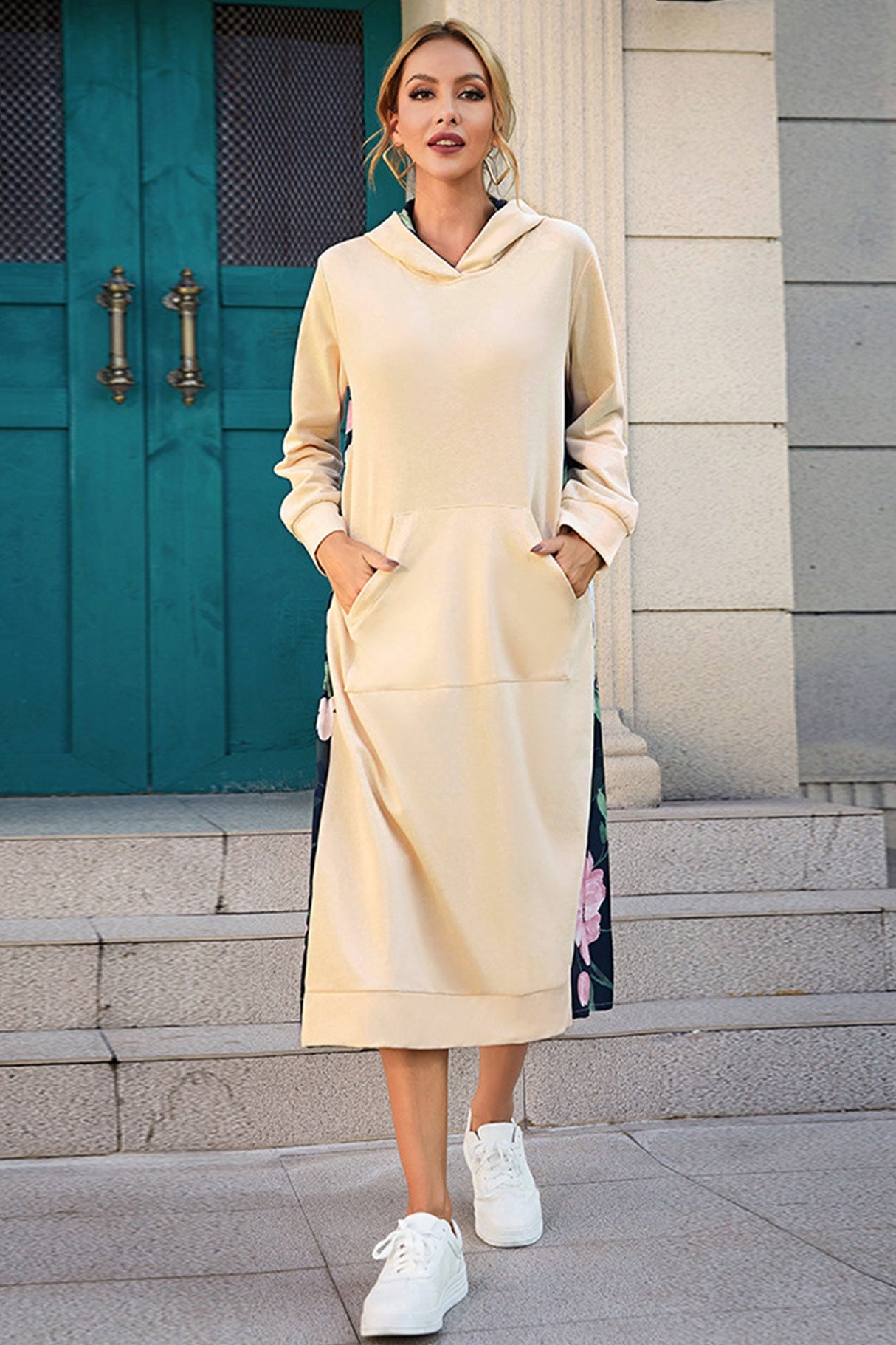 Arolora Back Floral Print Patchwork Cotton Long Hoodie