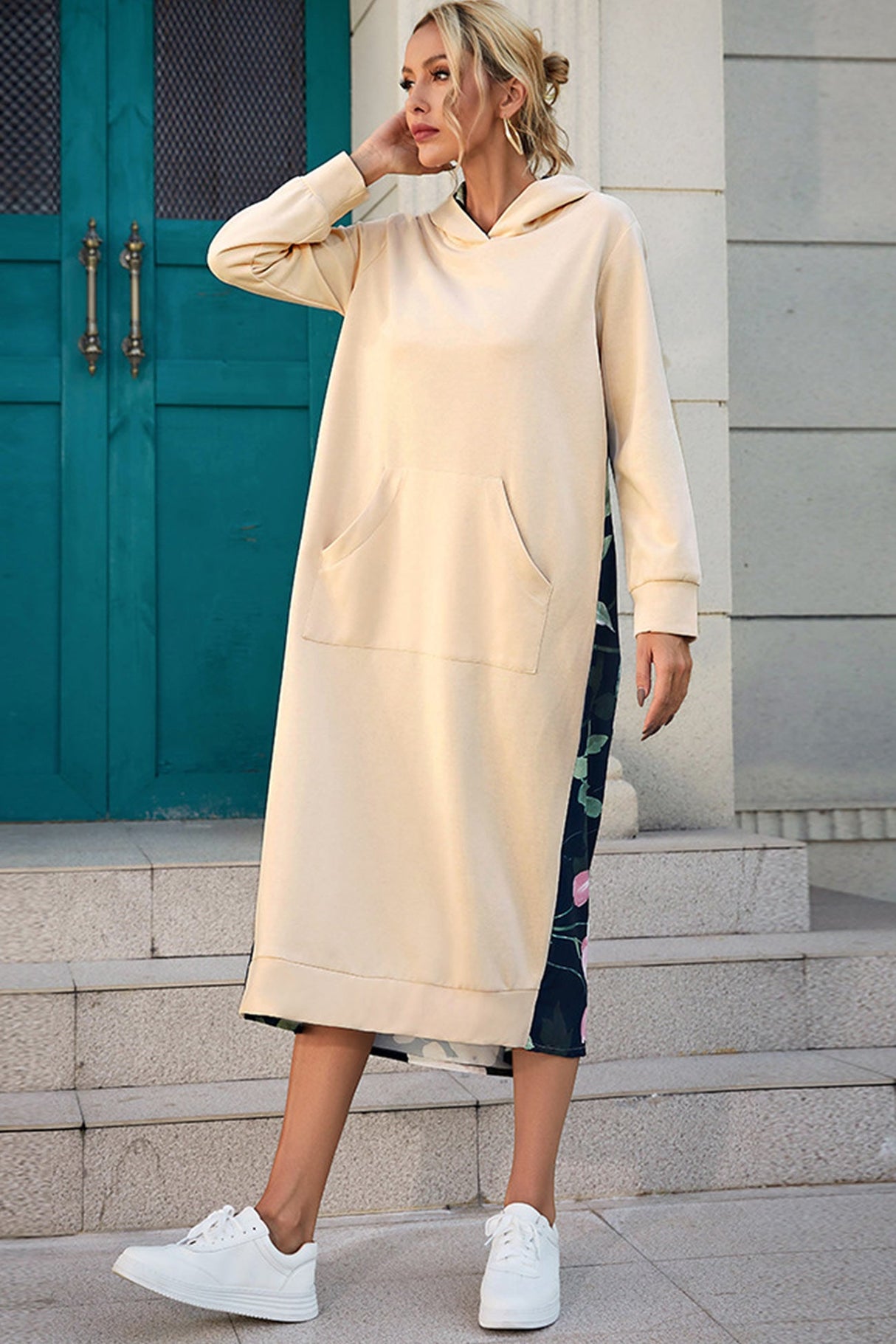 Arolora Back Floral Print Patchwork Cotton Long Hoodie