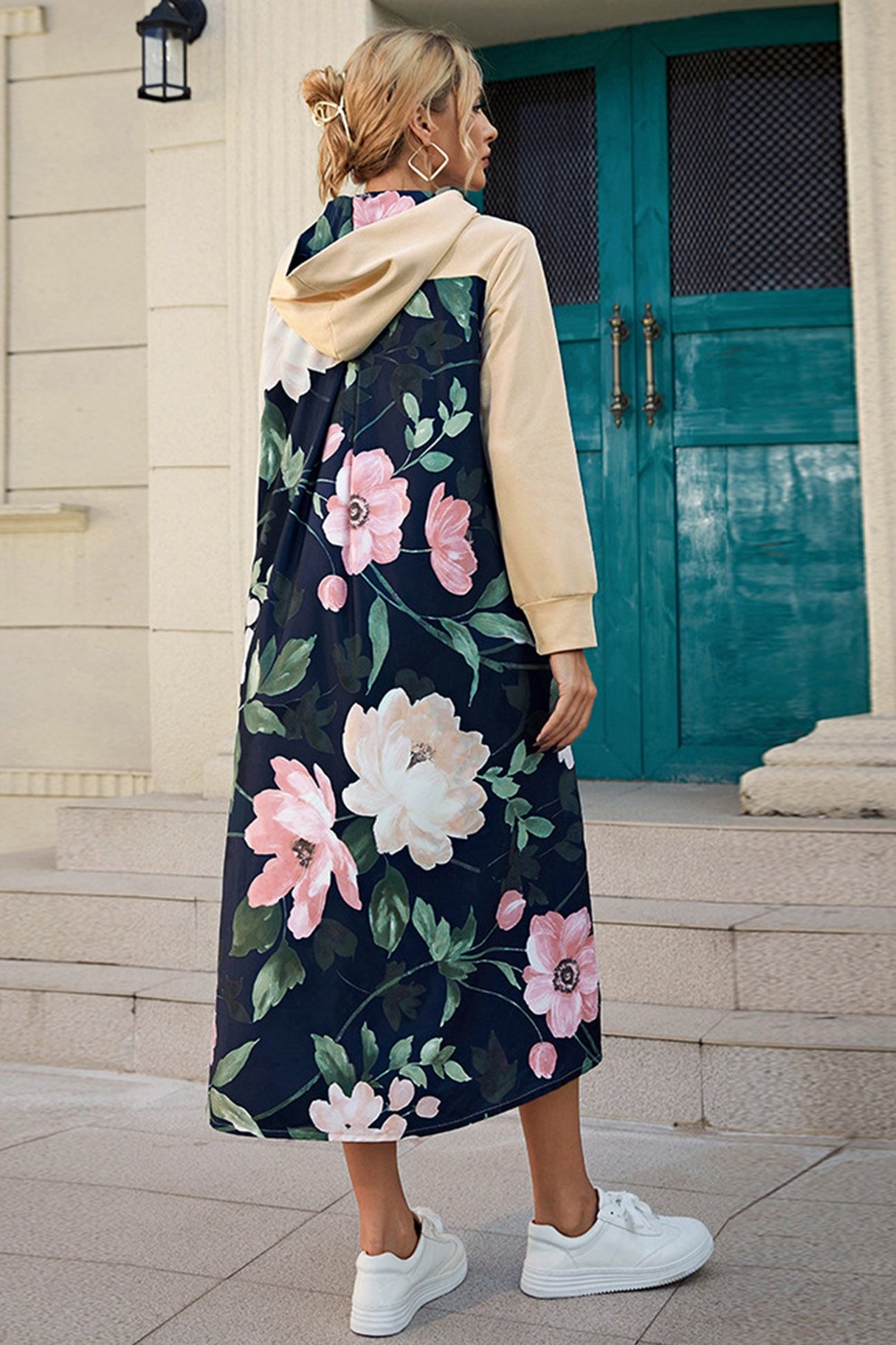 Arolora Back Floral Print Patchwork Cotton Long Hoodie