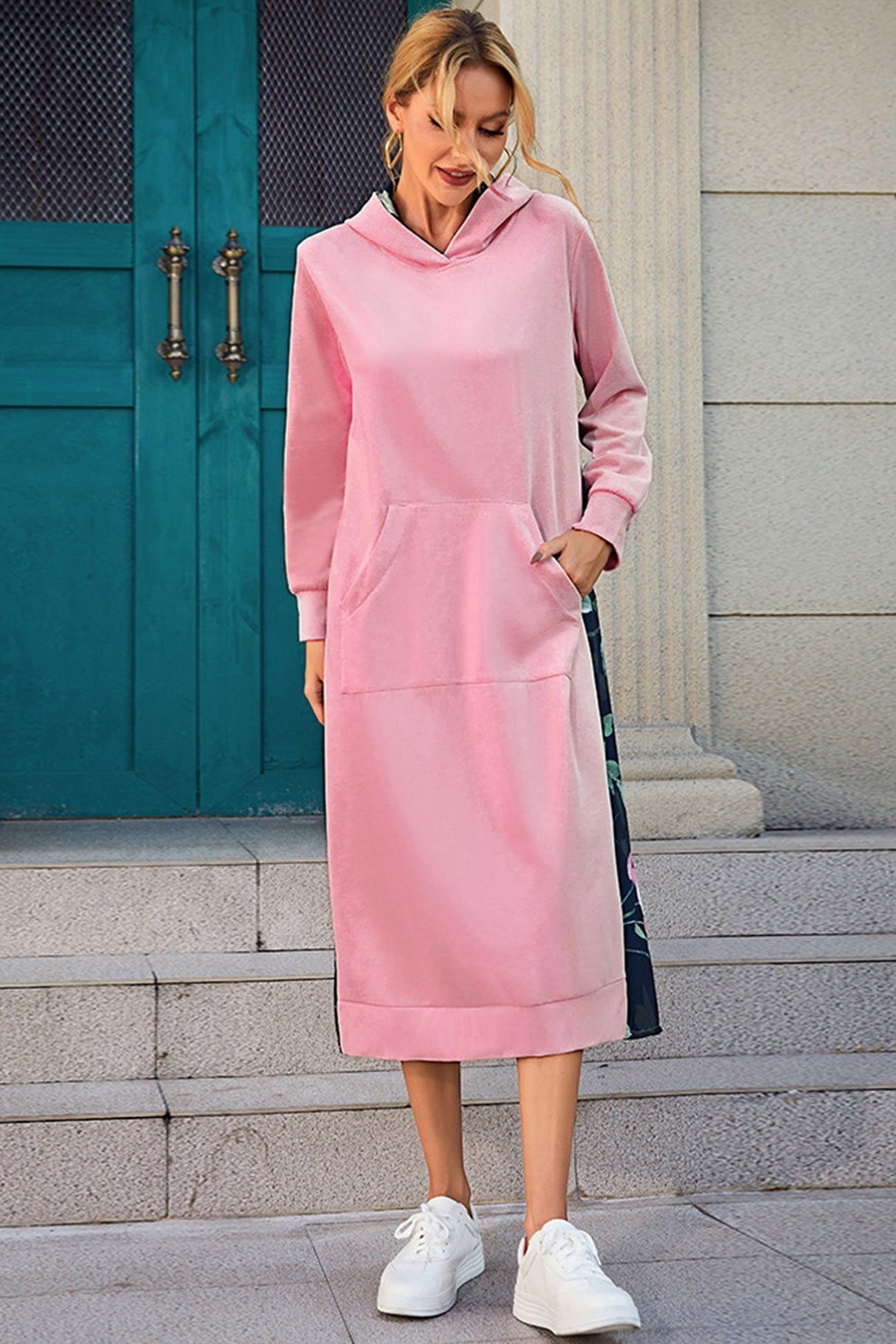 Arolora Back Floral Print Patchwork Cotton Long Hoodie