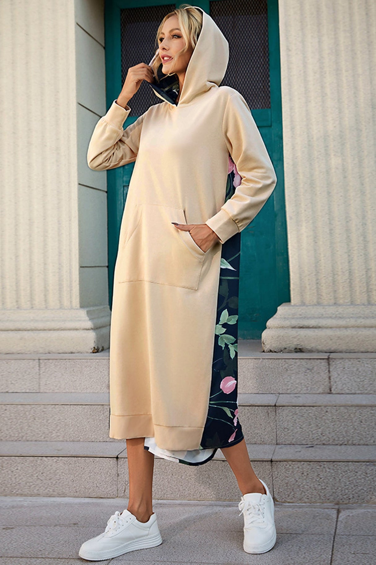 Arolora Back Floral Print Patchwork Cotton Long Hoodie