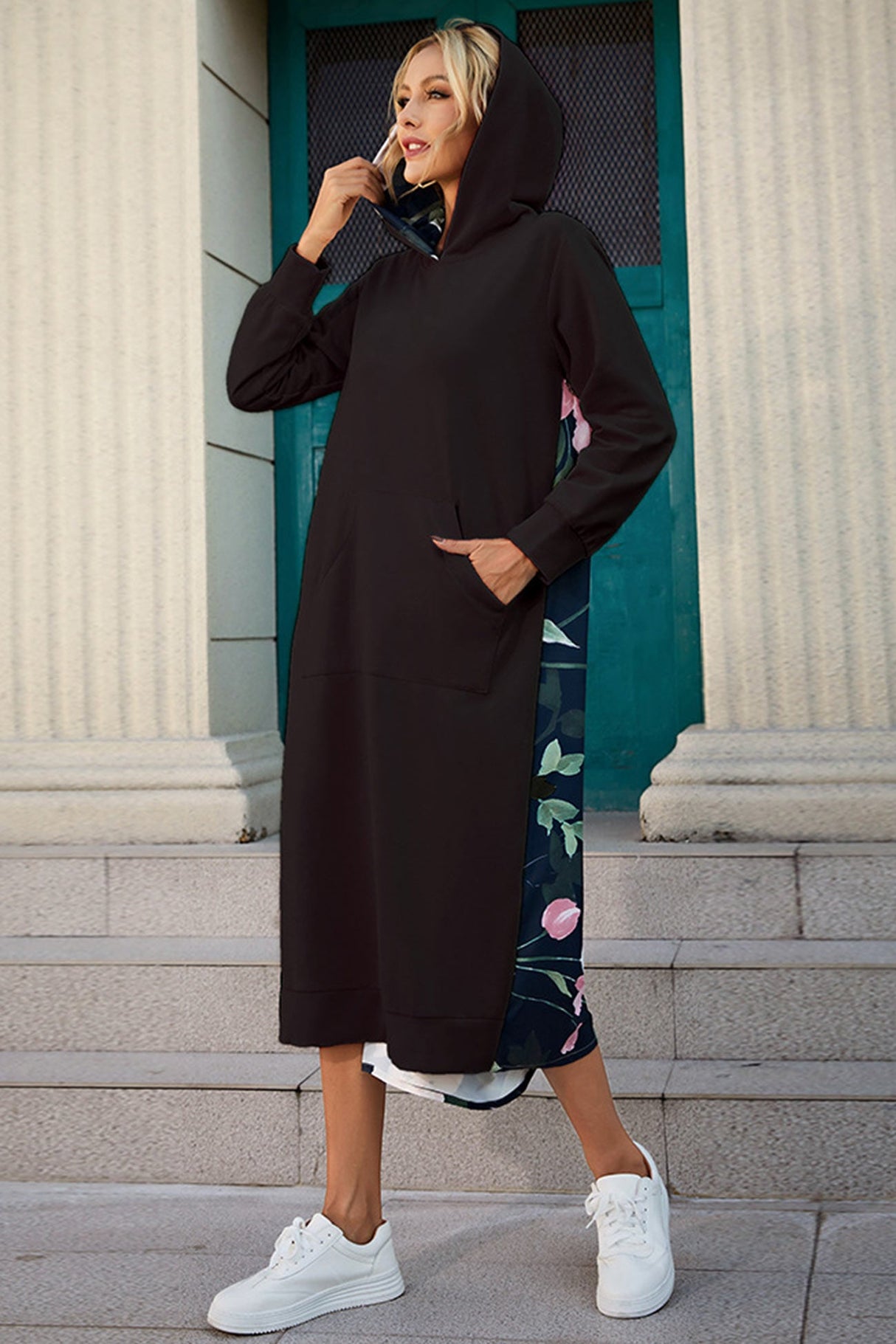 Arolora Back Floral Print Patchwork Cotton Long Hoodie