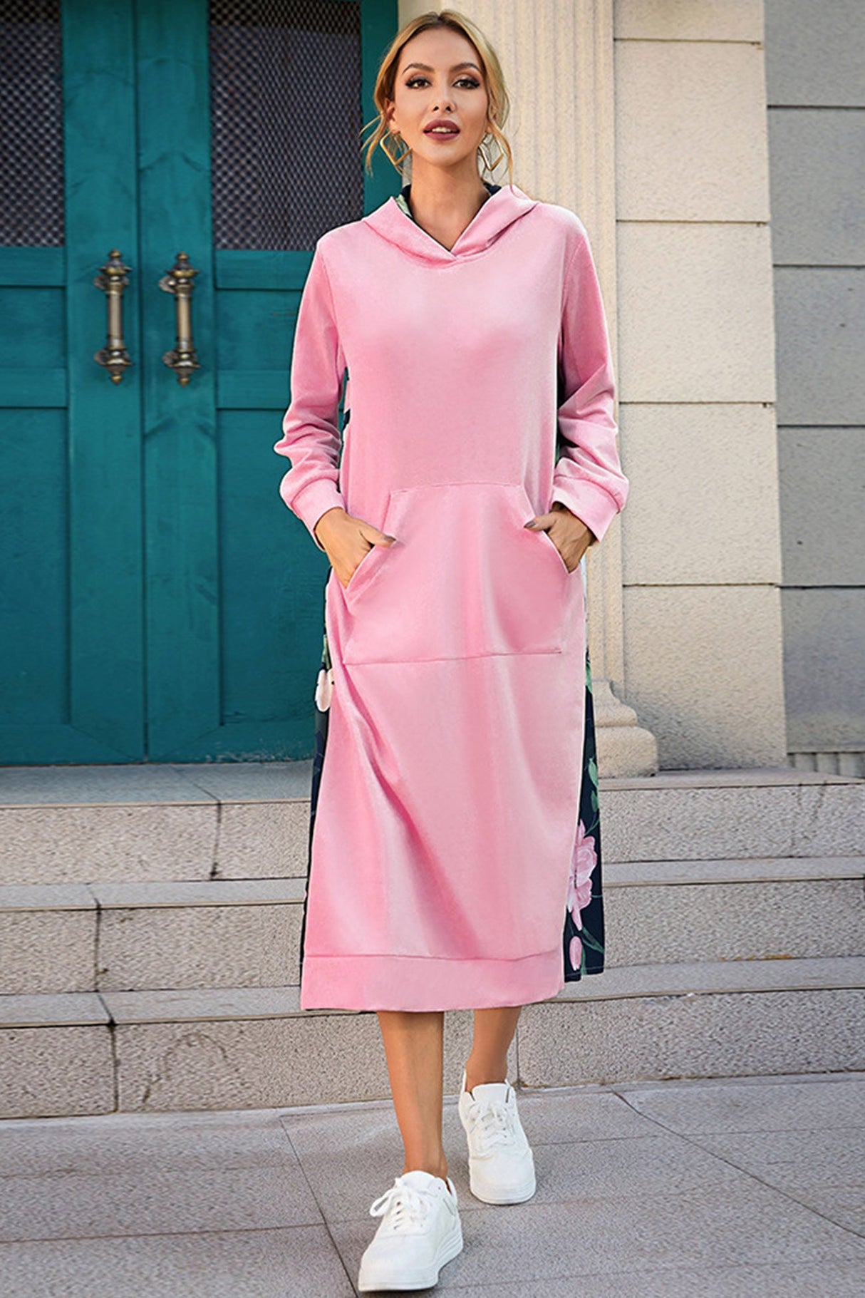 Arolora Back Floral Print Patchwork Cotton Long Hoodie