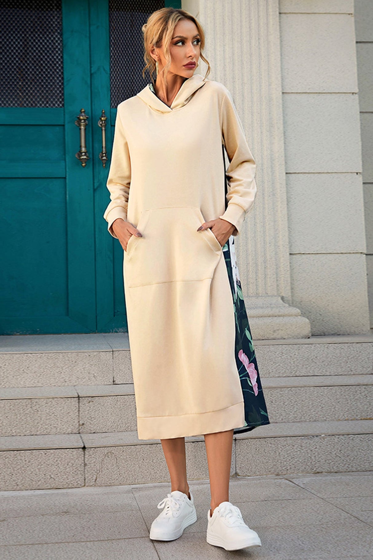 Arolora Back Floral Print Patchwork Cotton Long Hoodie